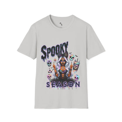 Gray t-shirt with 'Spooky Season' graphic design featuring a skeleton woman and Halloween elements on a white background.