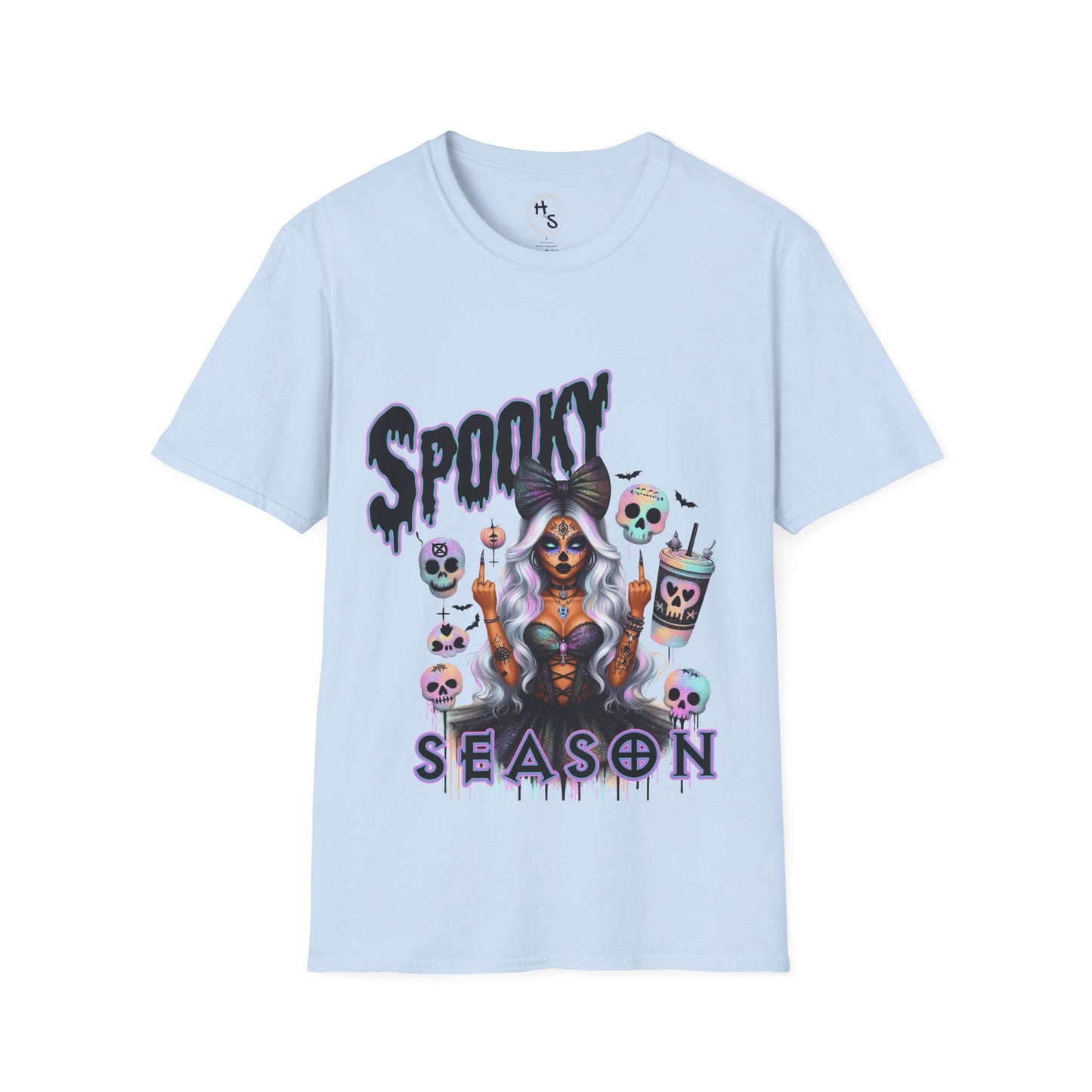 Light blue t-shirt with Halloween-themed design and 'Spooky Season' text on a white background