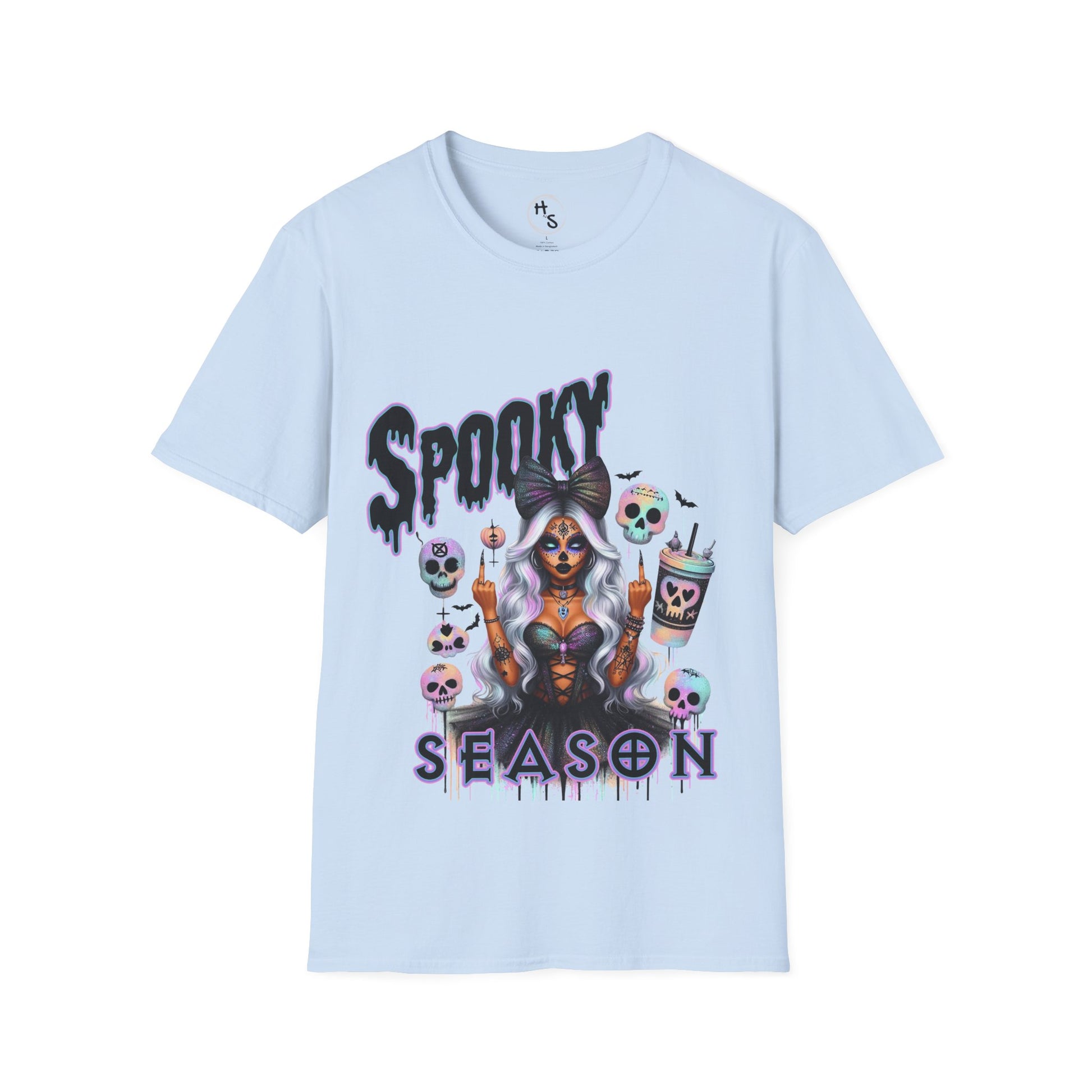 Light blue t-shirt with Halloween-themed design and 'Spooky Season' text on a white background