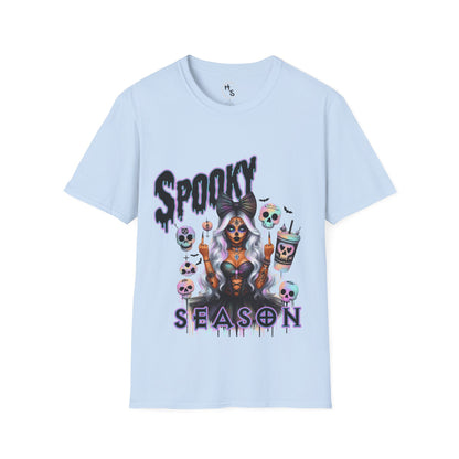 Light blue t-shirt with Halloween-themed design and 'Spooky Season' text on a white background