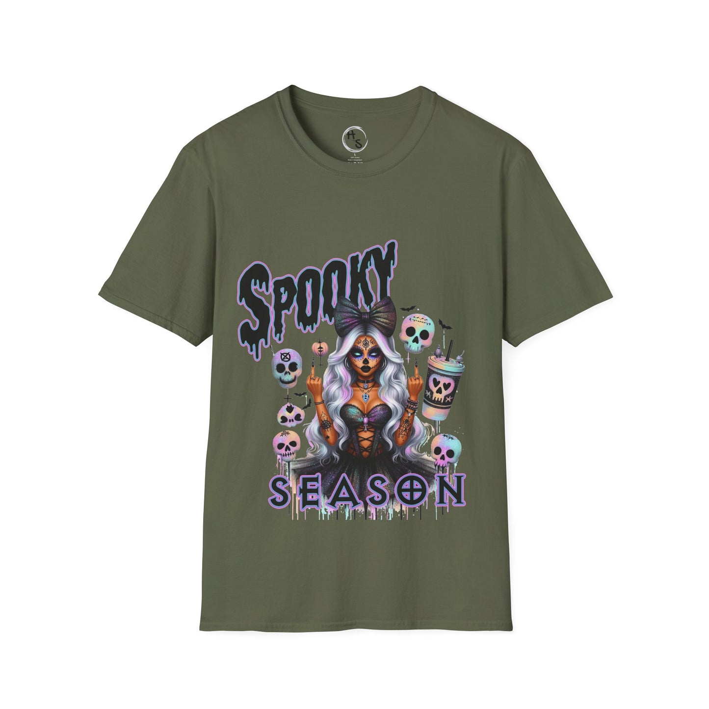Green t-shirt with Halloween-themed design and 'Spooky Season' text on a white background