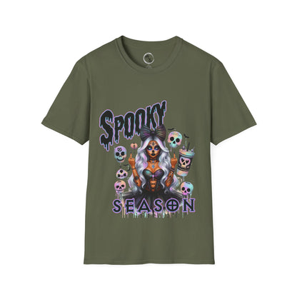 Green t-shirt with Halloween-themed design and 'Spooky Season' text on a white background