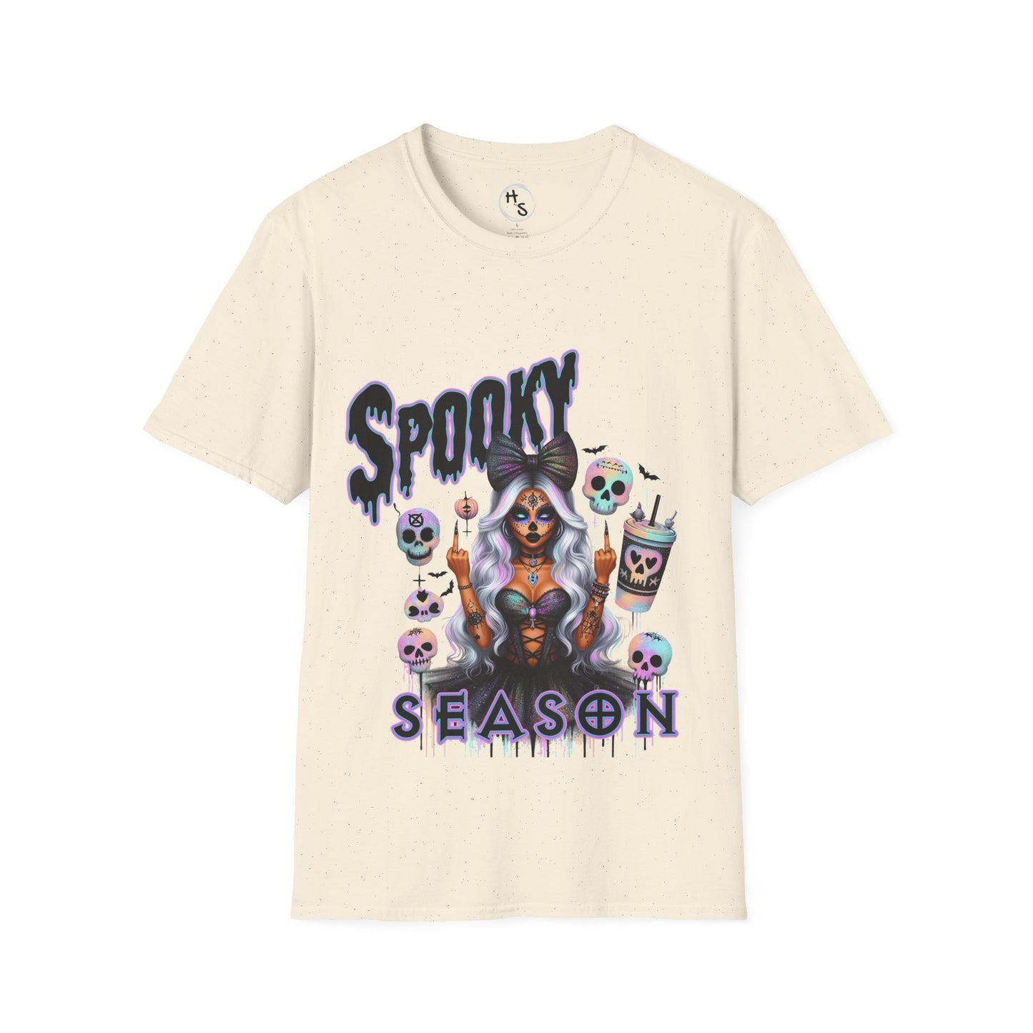 Beige t-shirt with 'Spooky Season' graphic design featuring a skeleton woman and skulls on a white background.