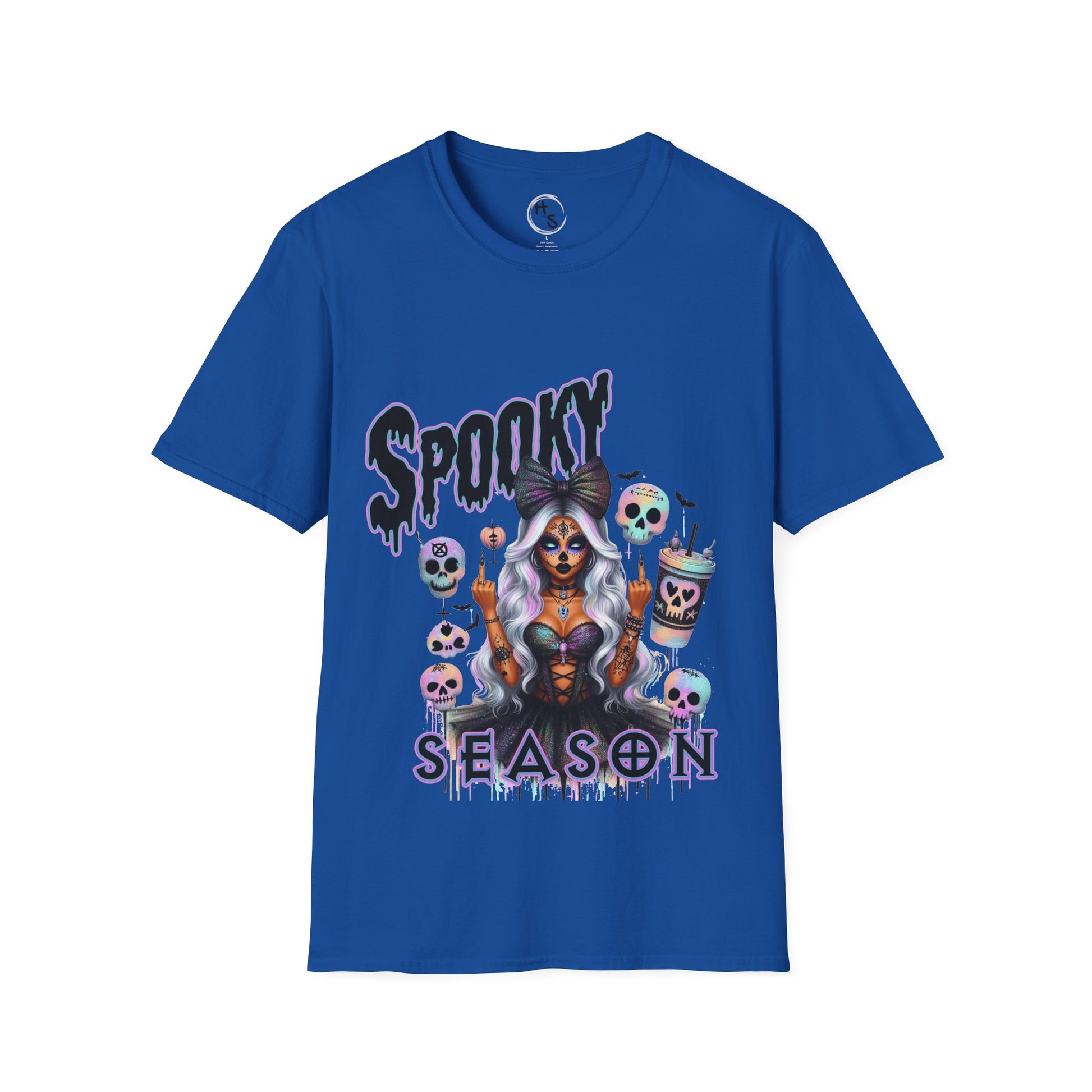 Blue t-shirt with Halloween-themed design featuring a character and 'Spooky Season' text on a white background.