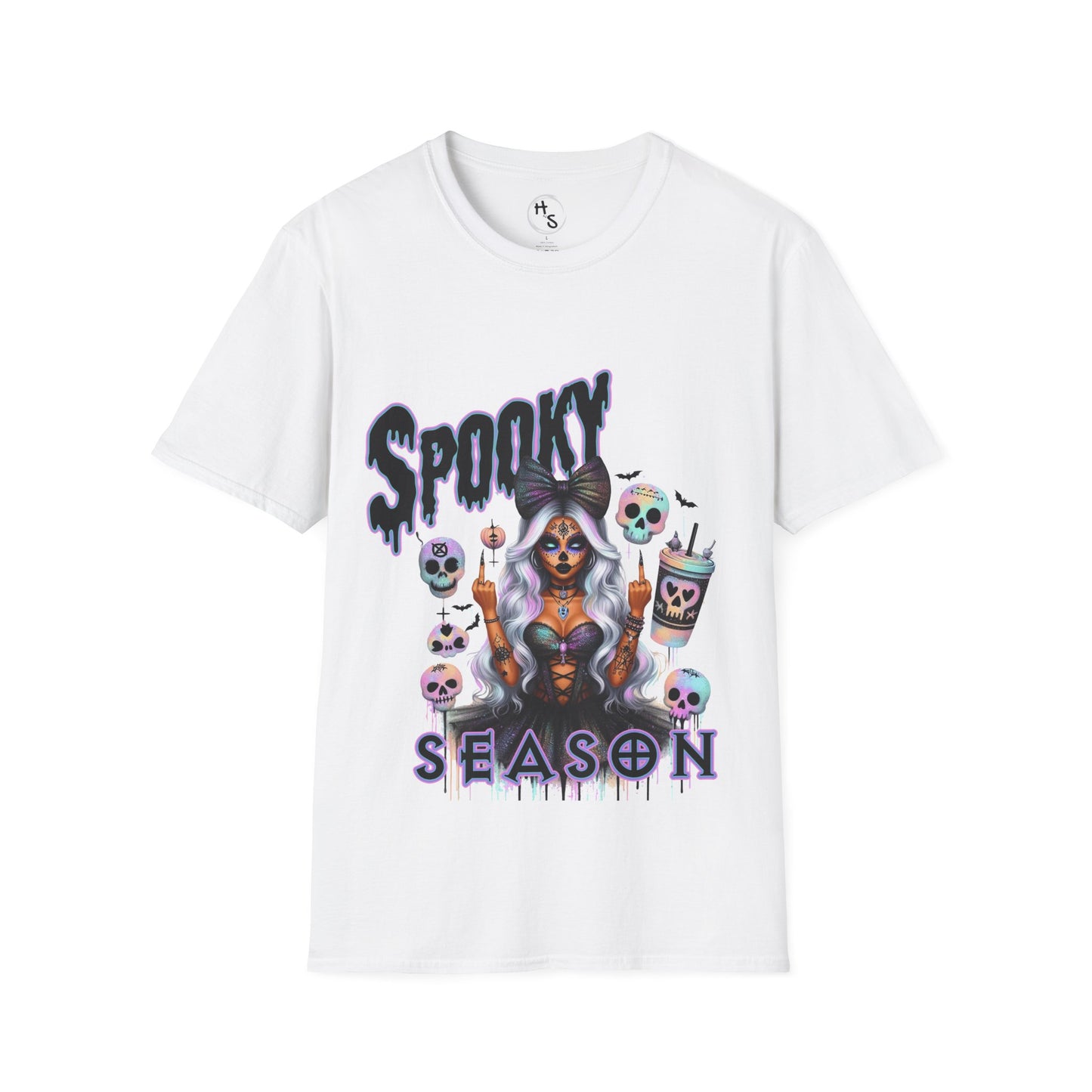 White t-shirt with Halloween-themed design and 'Spooky Season' text on a white background
