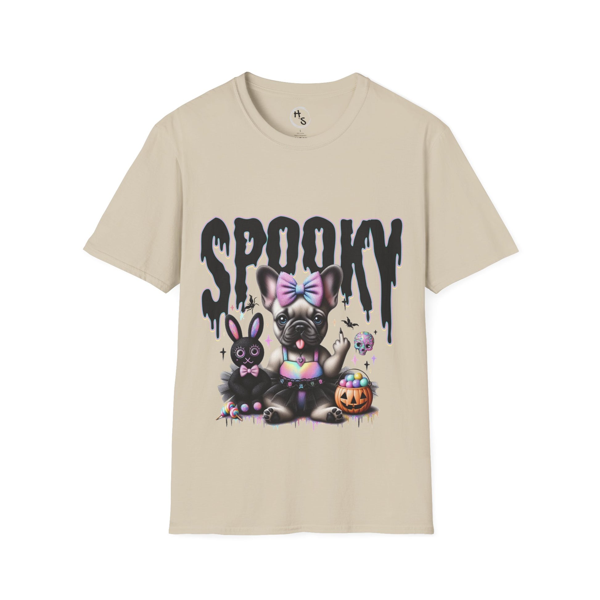 Beige t-shirt with a Halloween-themed design featuring a dog and rabbit with 'Spooky' text on a beige background.