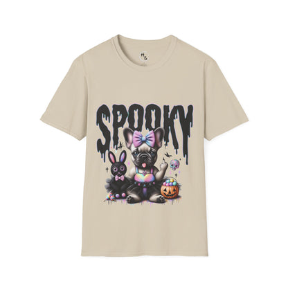 Beige t-shirt with a Halloween-themed design featuring a dog and rabbit with 'Spooky' text on a beige background.