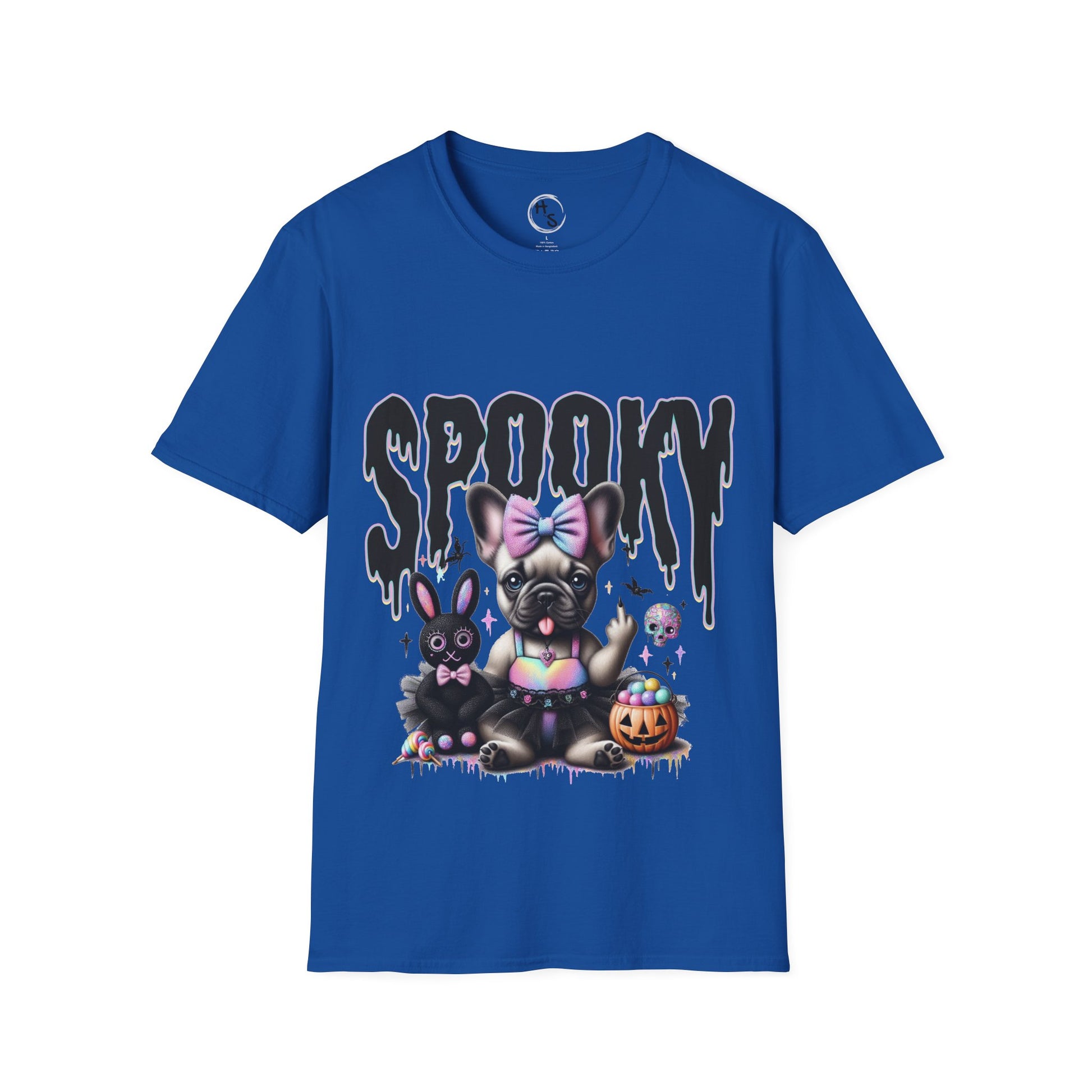 Blue t-shirt with Halloween-themed design featuring a dog and rabbit with 'Spooky' text on a blue background.