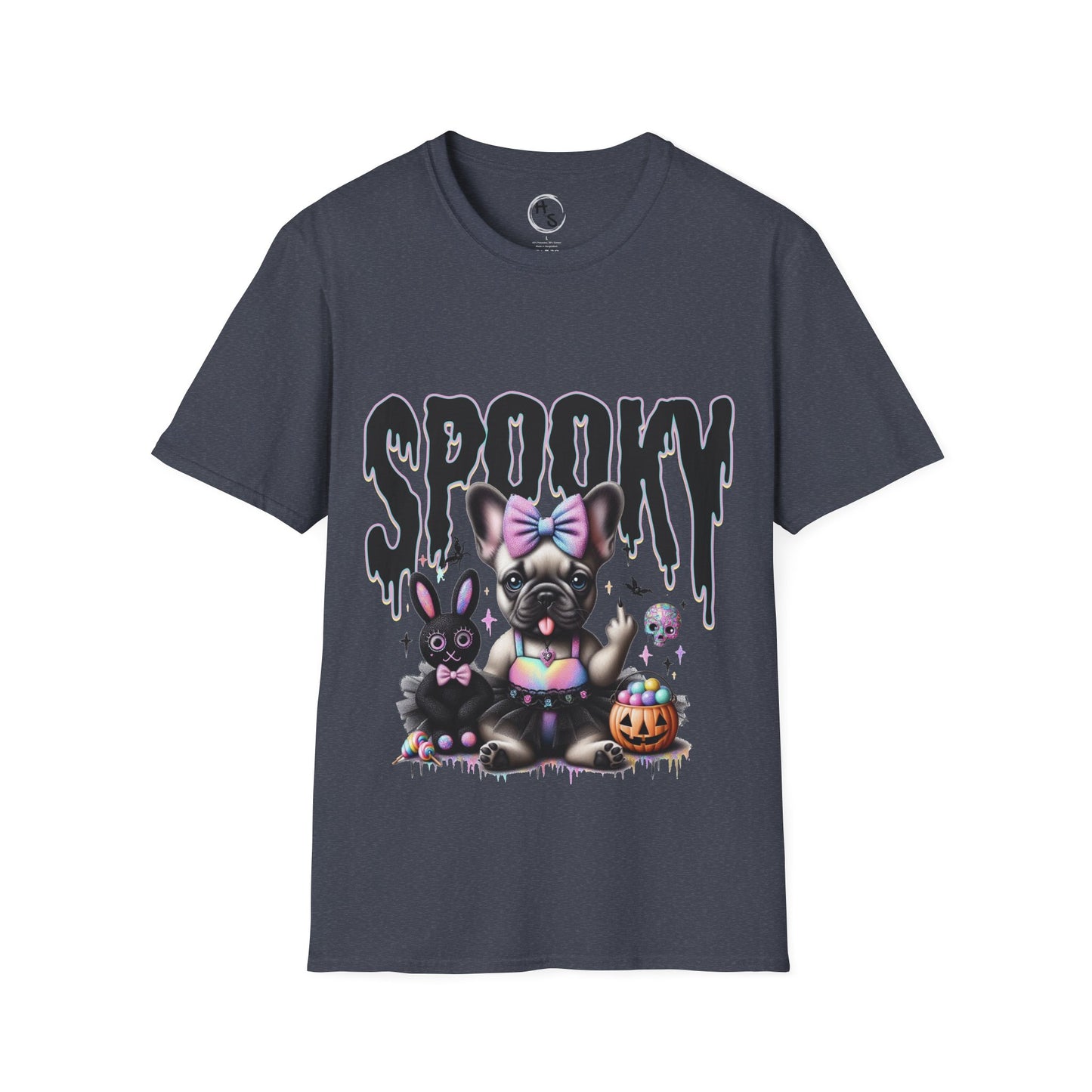 Gray t-shirt with a dog and rabbit graphic and 'Spooky' text on a dark grey background