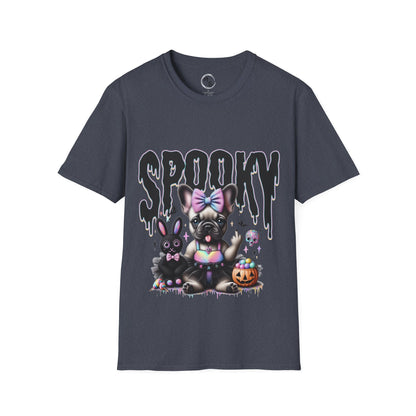 Gray t-shirt with a dog and rabbit graphic and 'Spooky' text on a dark grey background