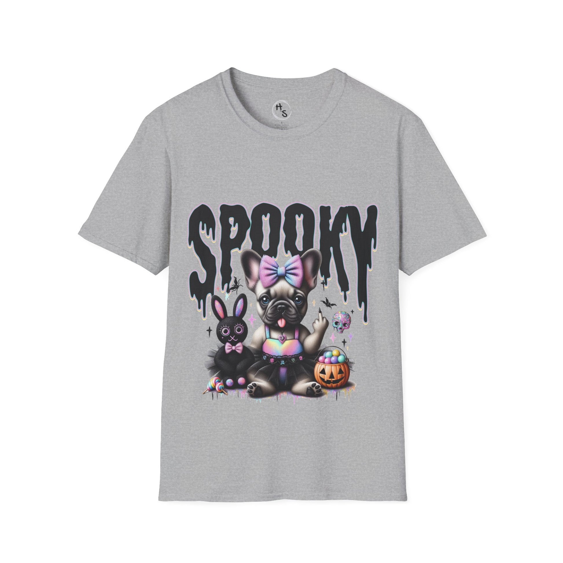 Gray t-shirt with a dog and rabbit graphic and 'Spooky' text on a grey background