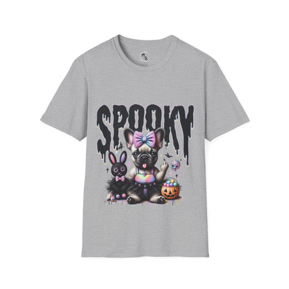 Gray t-shirt with a dog and rabbit graphic and 'Spooky' text on a grey background
