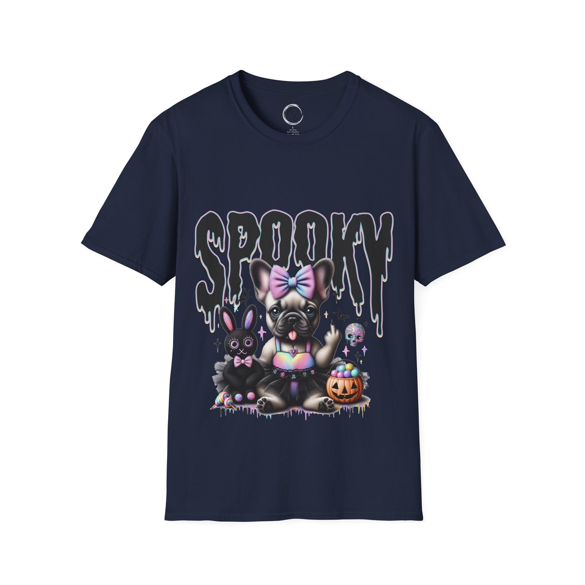 Navy blue t-shirt with cartoon dog and rabbit design and 'Spooky' text on a navy background