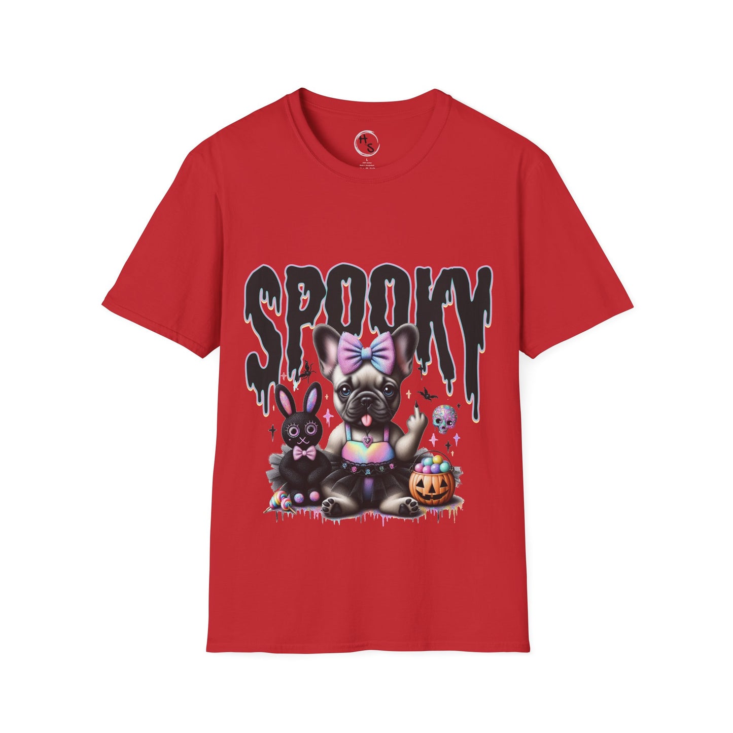 Red t-shirt with a Halloween-themed design featuring a dog and rabbit with 'Spooky' text on a red background.