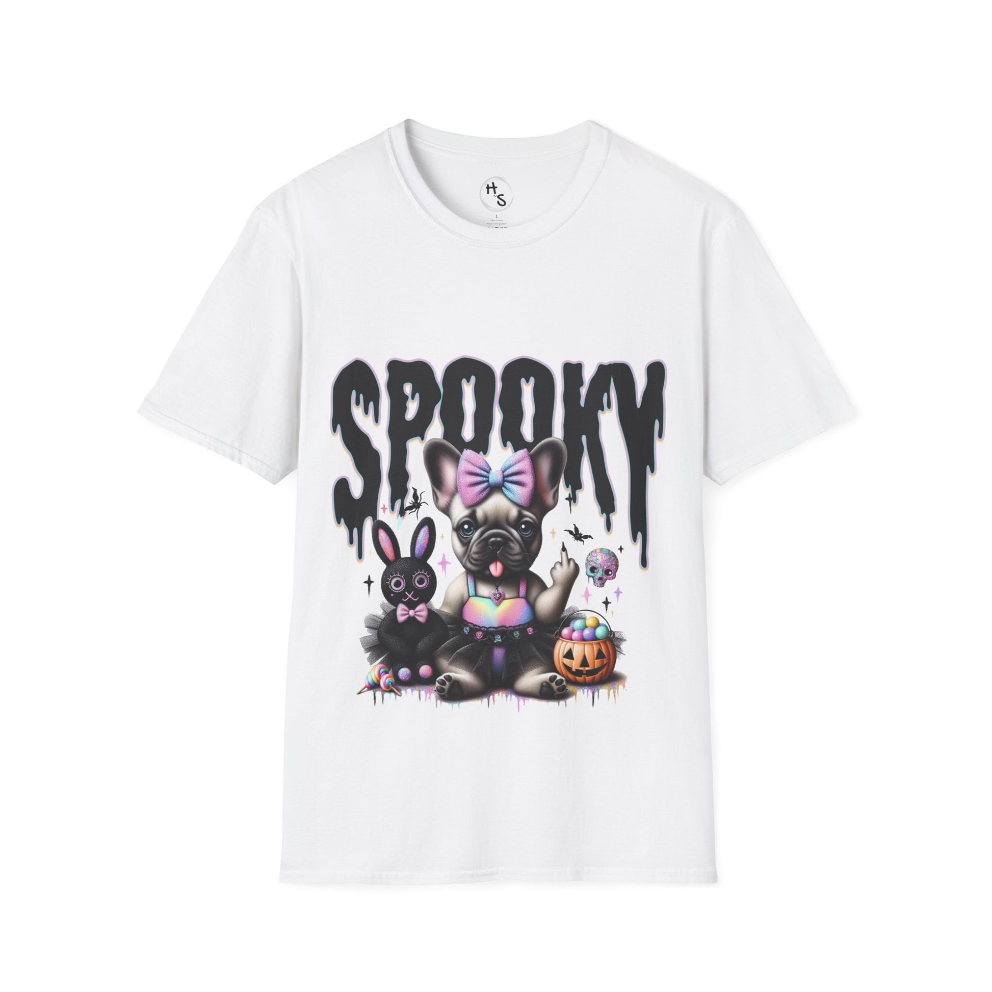 White t-shirt with a cartoon dog and rabbit design and 'Spooky' text on a white background