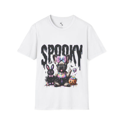 White t-shirt with a cartoon dog and rabbit design and 'Spooky' text on a white background