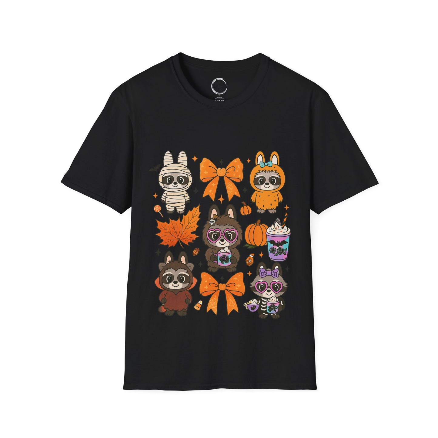 Black t-shirt with Halloween-themed graphics on a white background