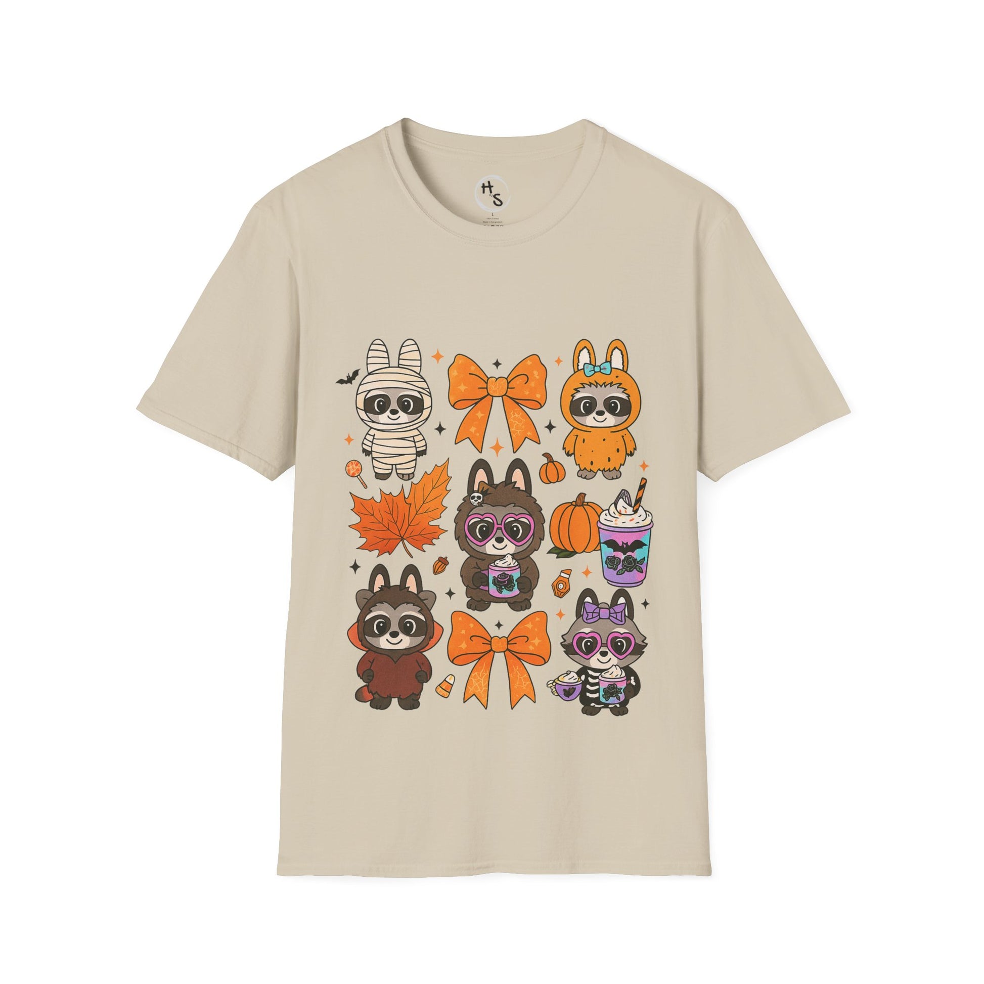 Beige t-shirt with cartoon raccoons in Halloween costumes on a white background