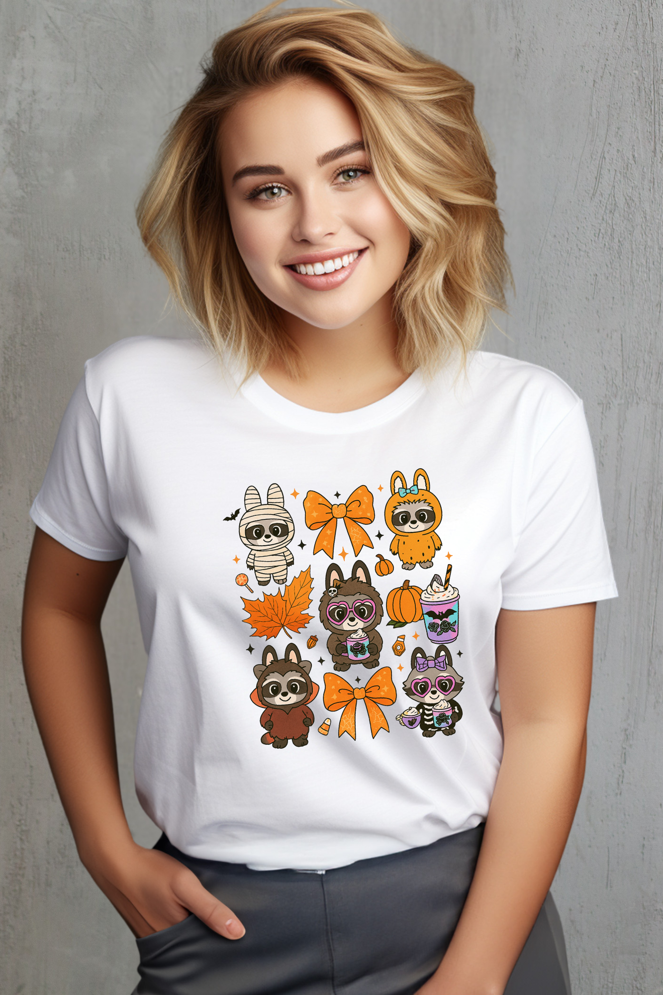 Person wearing a white t-shirt with colorful graphic design on a white background