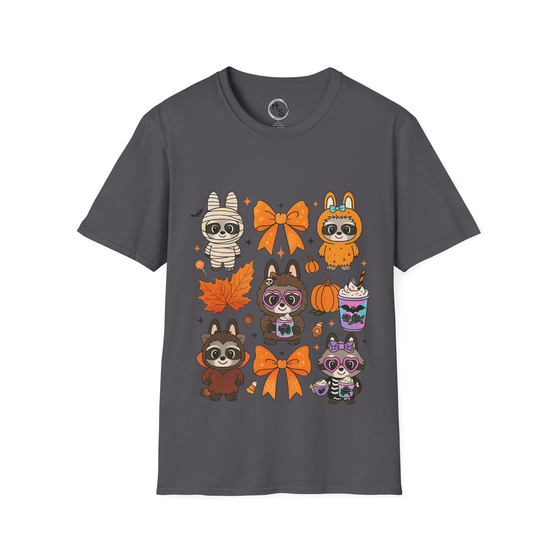 Gray t-shirt with Halloween-themed graphics of raccoons and autumn elements on a grey background