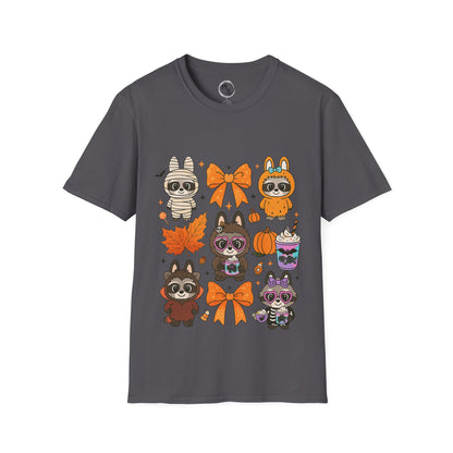 Gray t-shirt with Halloween-themed graphics of raccoons and autumn elements on a grey background