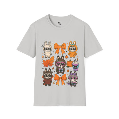 Gray t-shirt with cartoon raccoon characters and Halloween-themed graphics on a grey background