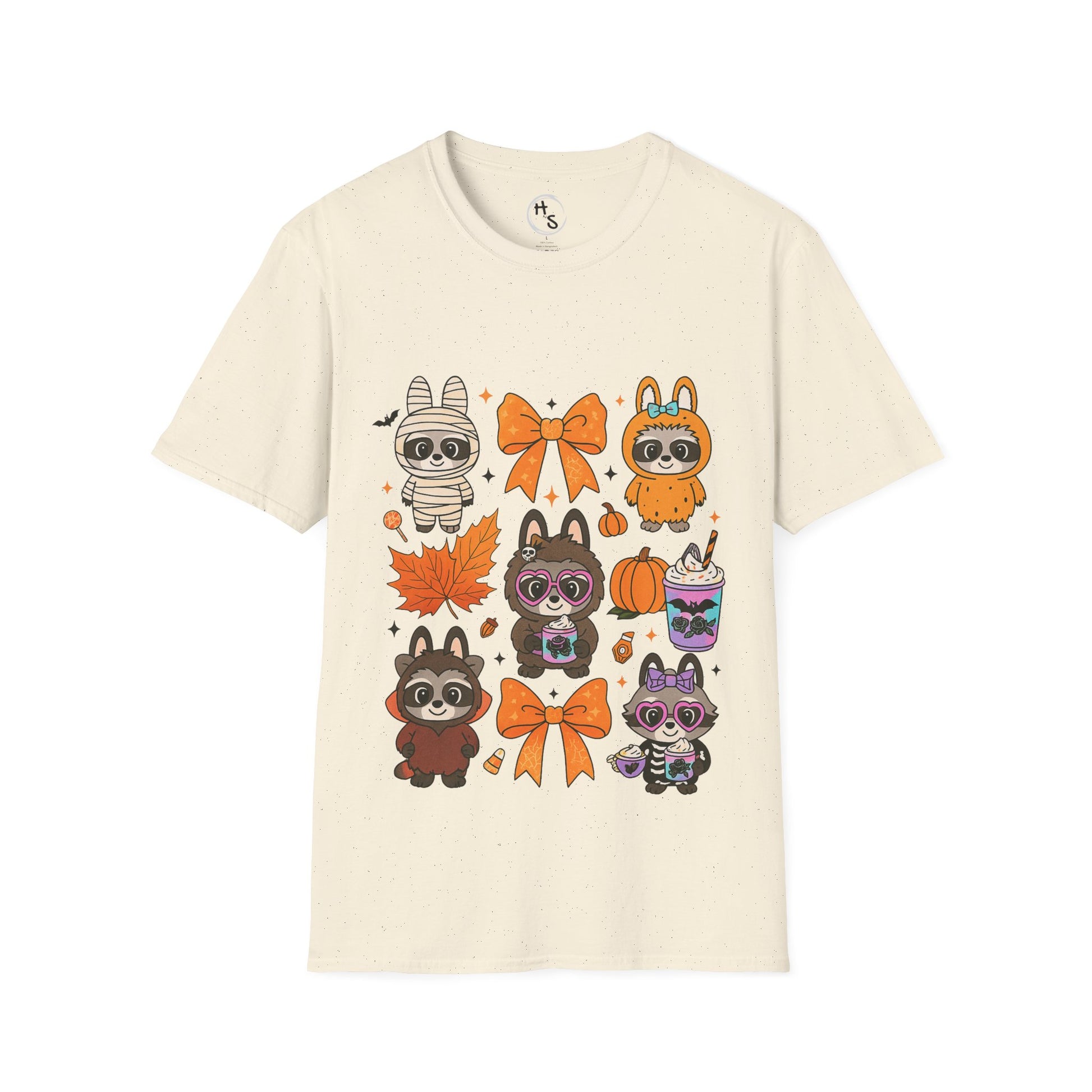 Beige t-shirt with cartoon raccoons in Halloween costumes on a beige background