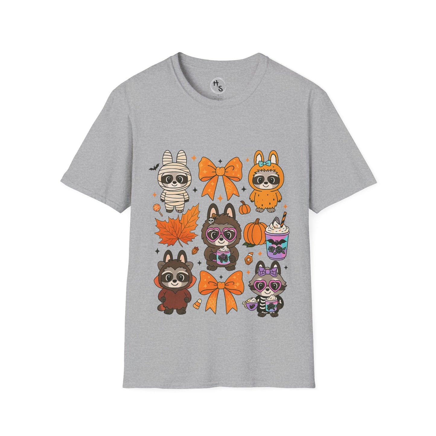 Gray t-shirt with cartoon raccoon designs on a grey background