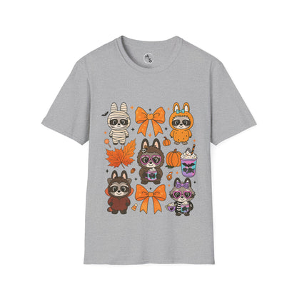 Gray t-shirt with cartoon raccoon designs on a grey background