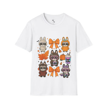 White t-shirt with cartoon raccoon illustrations on a white background