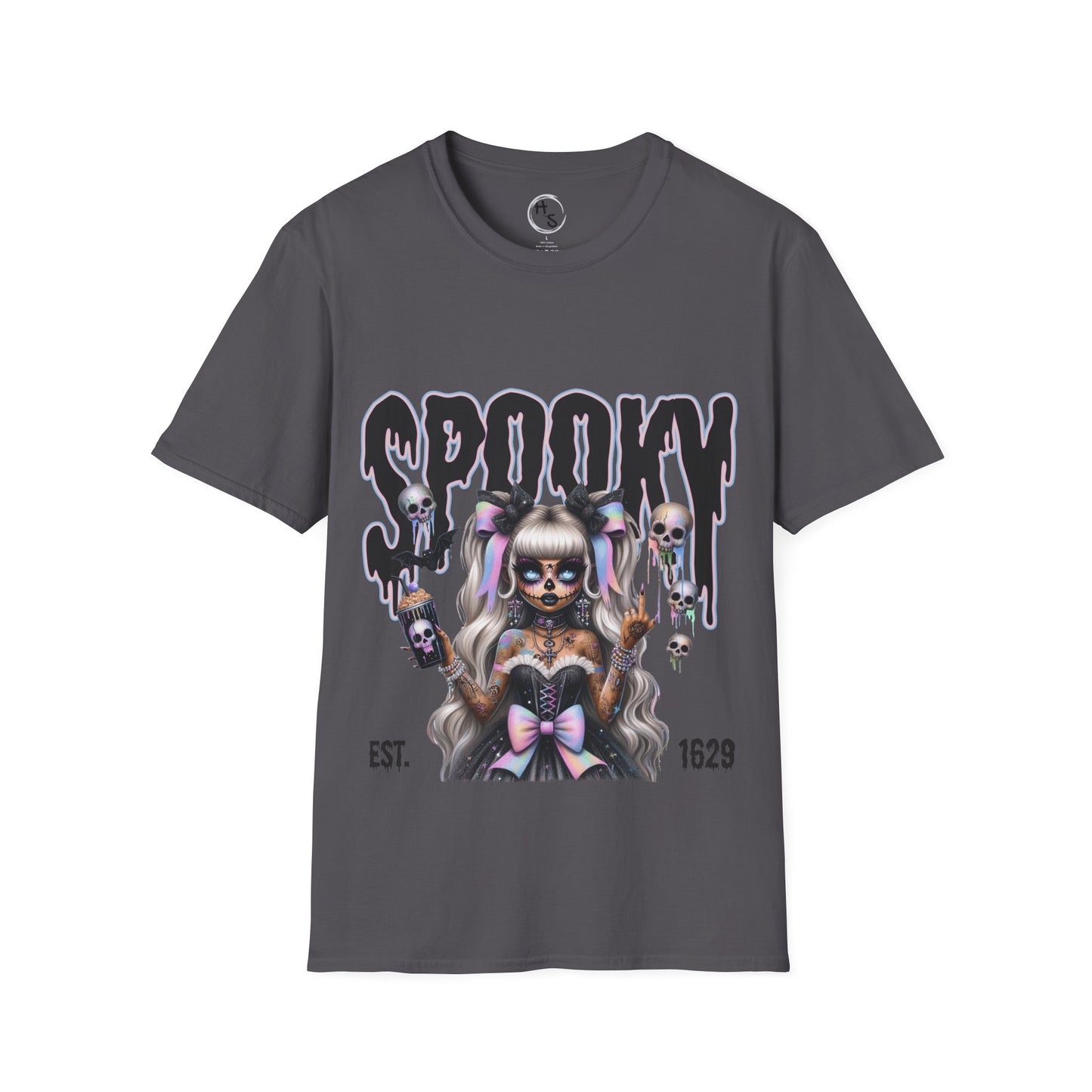 Gray t-shirt with a graphic design of a skeleton woman and 'Spooky' text on a white background