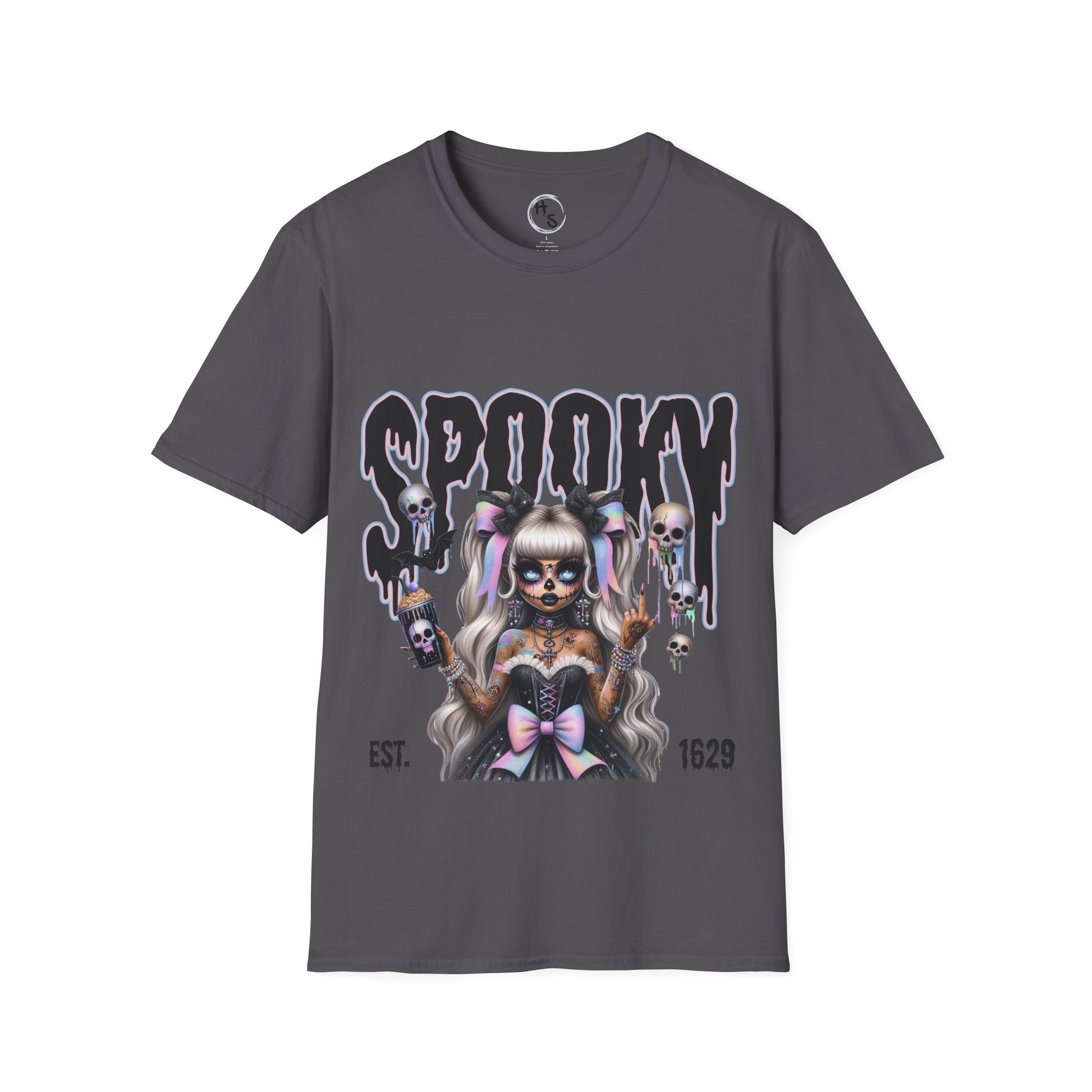 Gray t-shirt with a graphic design of a skeleton woman and 'Spooky' text on a white background