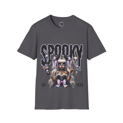 Gray t-shirt with a graphic design of a skeleton woman and 'Spooky' text on a white background