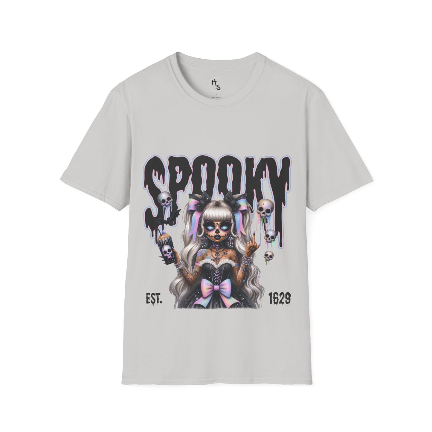 Gray t-shirt with a graphic design of a person with long hair and skull-themed elements, labeled 'SPOOKY EST. 1629'.