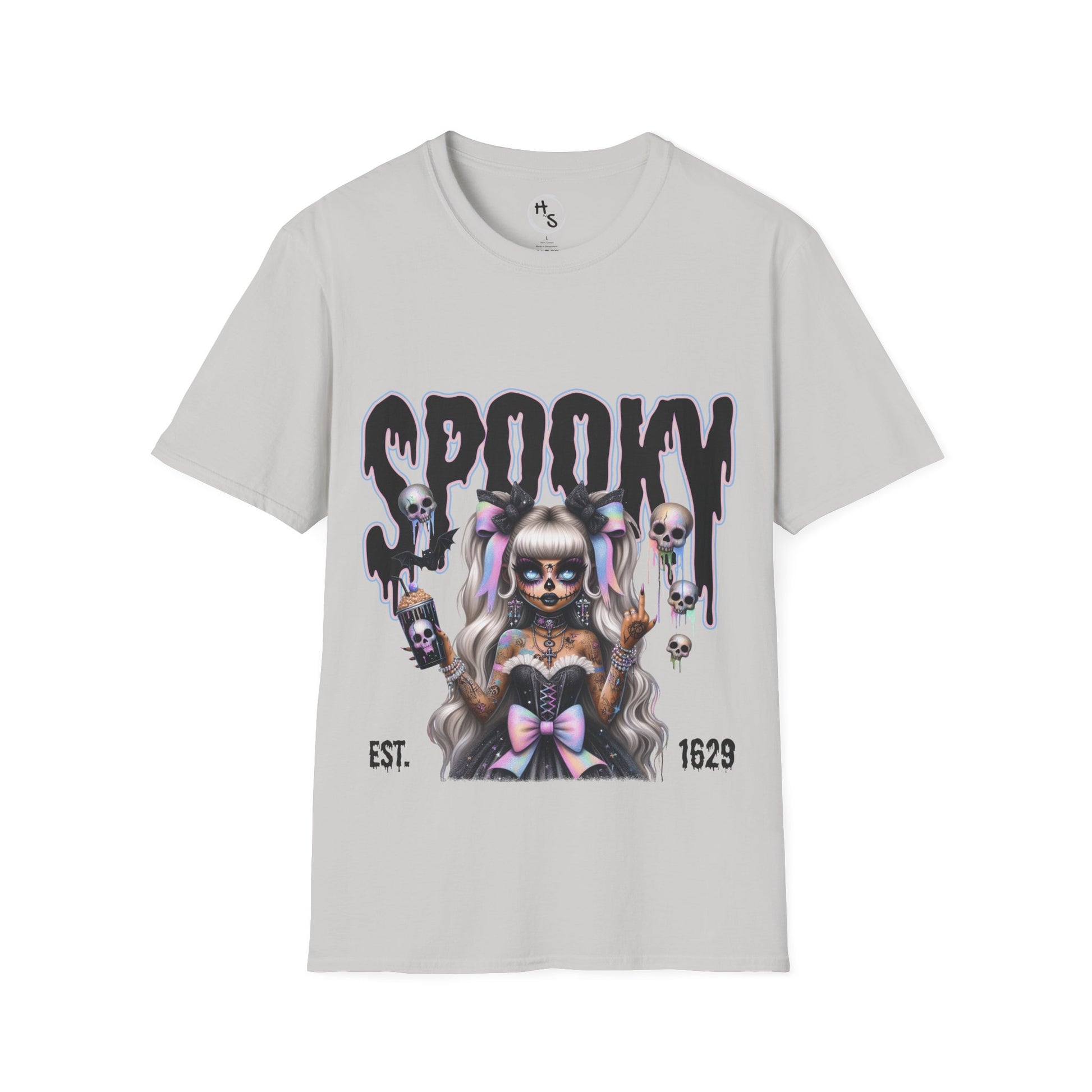 Gray t-shirt with a graphic design of a person with long hair and skull-themed elements, labeled 'SPOOKY EST. 1629'.