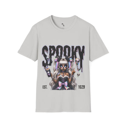 Gray t-shirt with a graphic design of a person with long hair and skull-themed elements, labeled 'SPOOKY EST. 1629'.