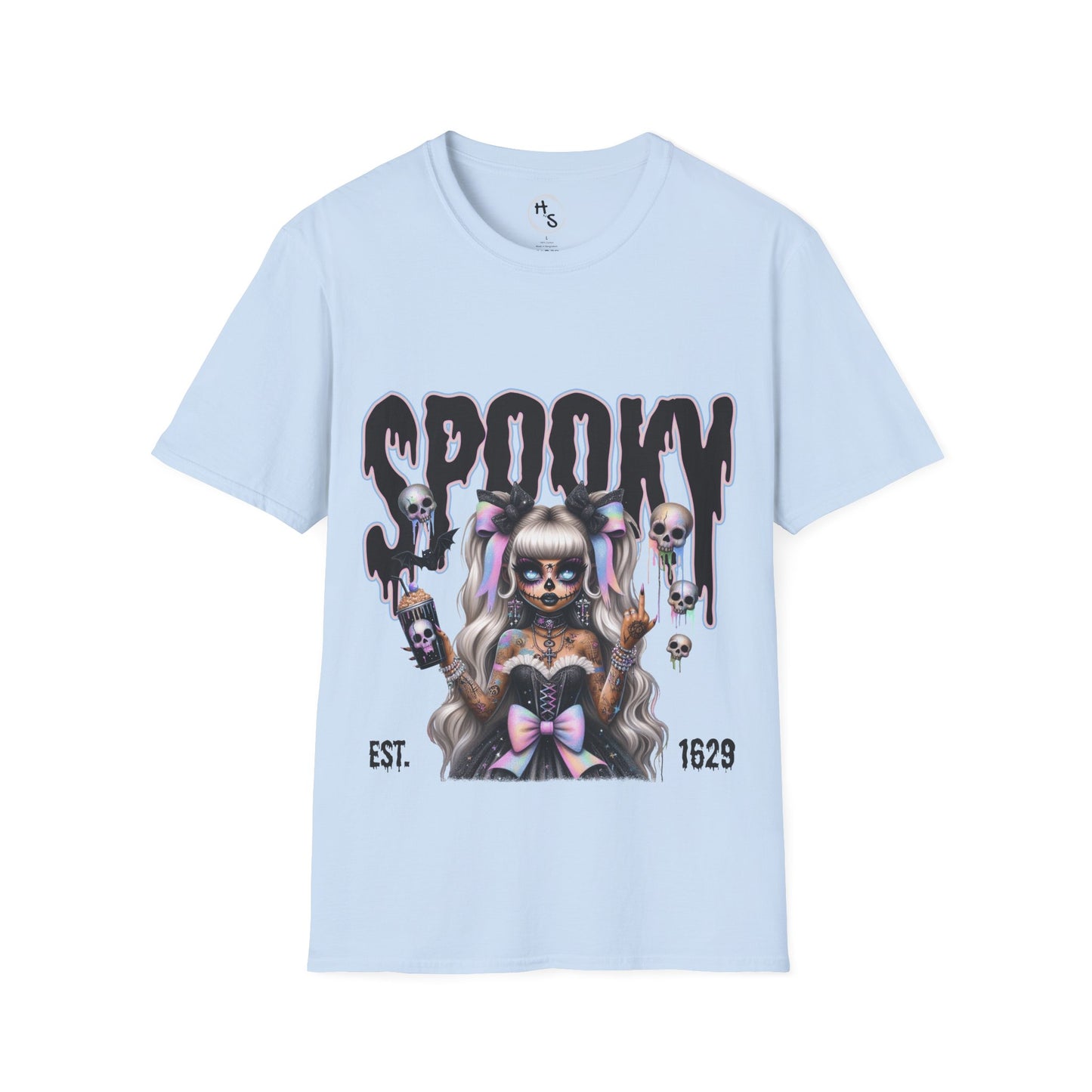 Light blue t-shirt with a graphic design featuring a skeleton and the word 'Spooky' on a white background.