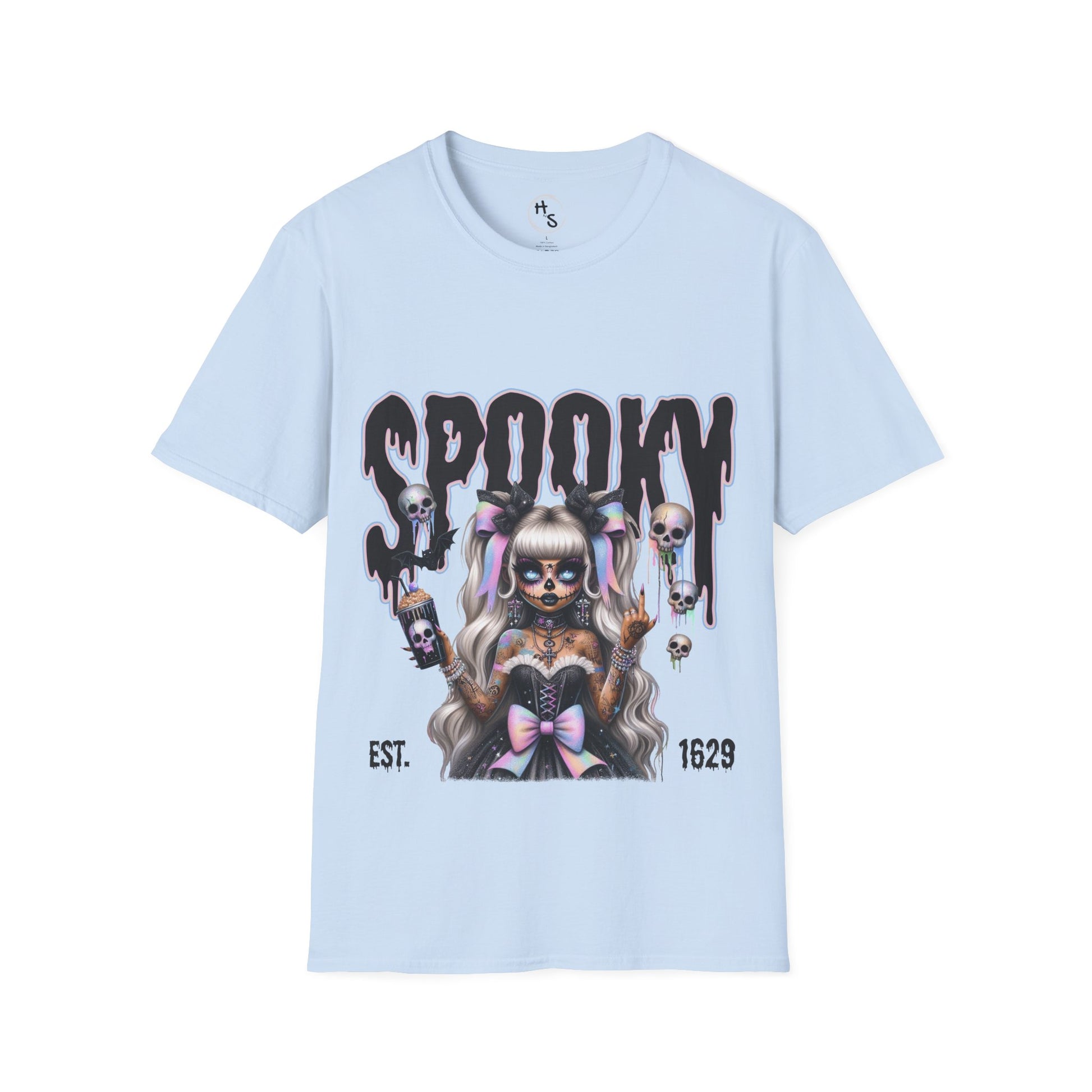 Light blue t-shirt with a graphic design featuring a skeleton and the word 'Spooky' on a white background.