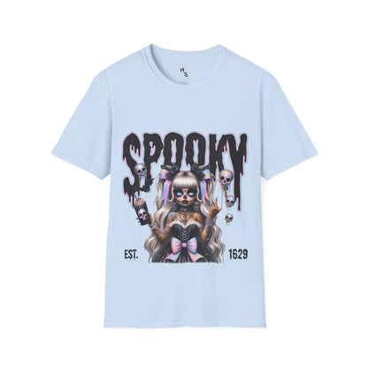 Light blue t-shirt with a graphic design featuring a skeleton and the word 'Spooky' on a white background.