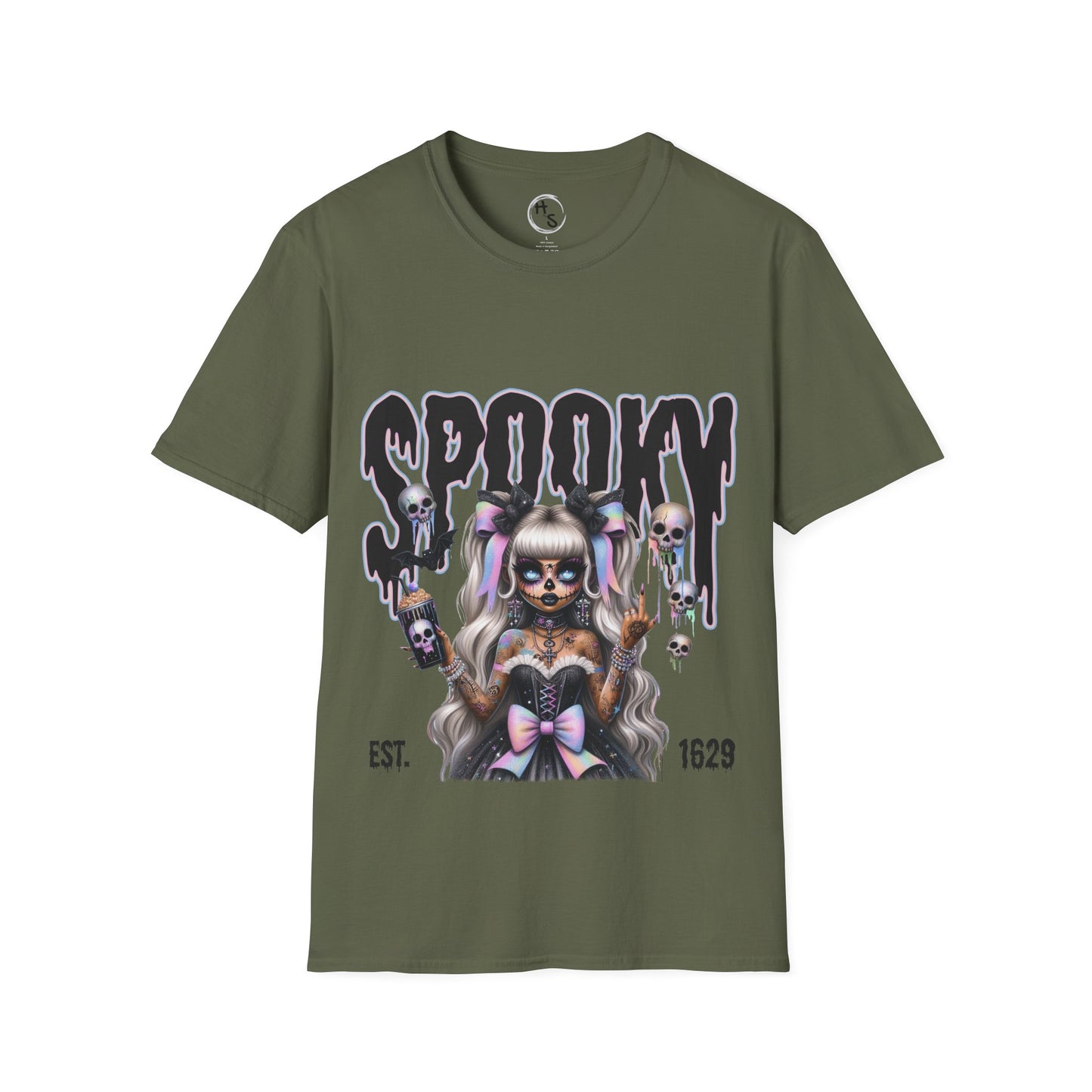 Green t-shirt with a graphic design of a person in a costume and text on a white background