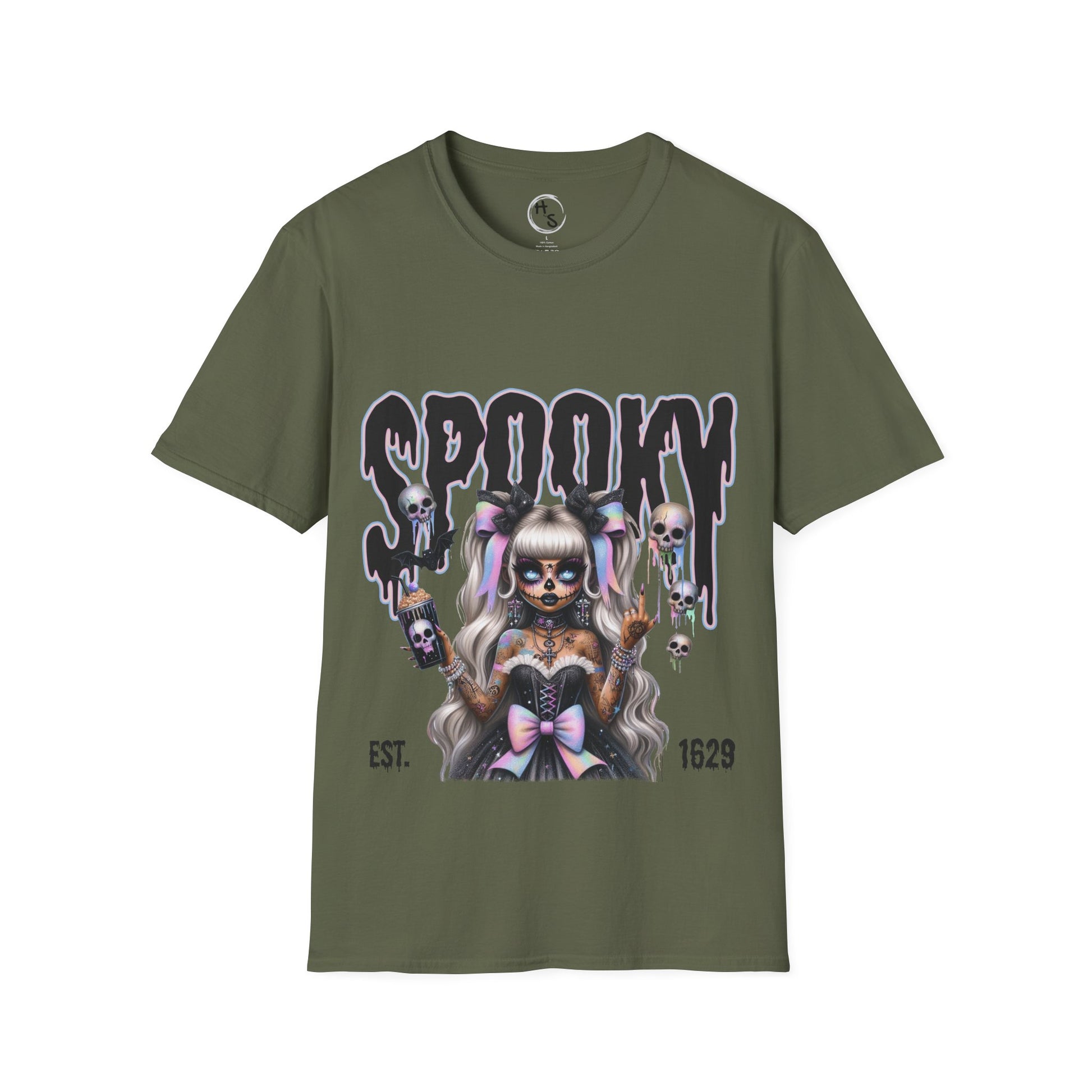 Green t-shirt with a graphic design of a person in a costume and text on a white background