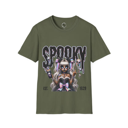 Green t-shirt with a graphic design of a person in a costume and text on a white background