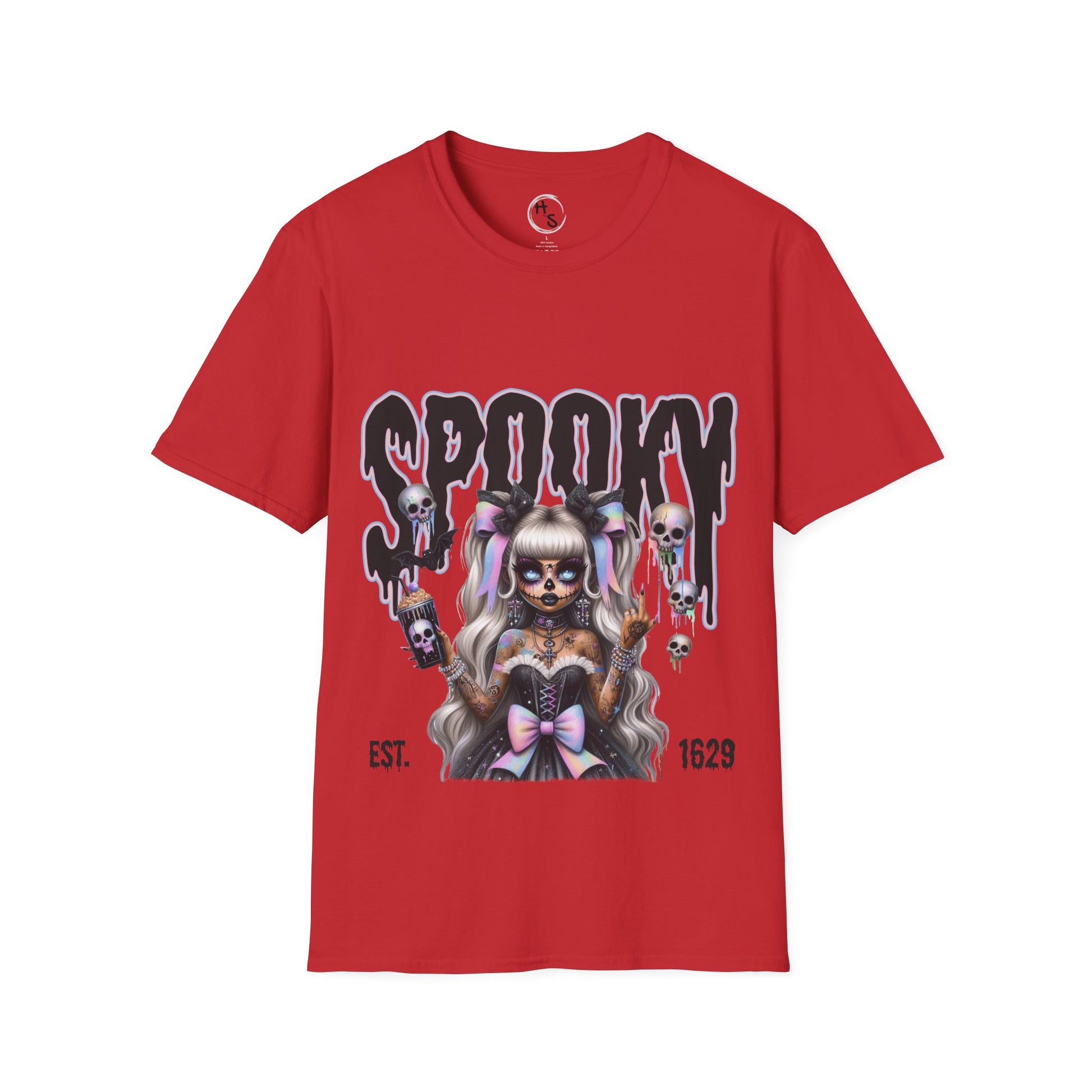 Red t-shirt with a graphic design featuring a person in a costume and 'Spooky' text on a white background.