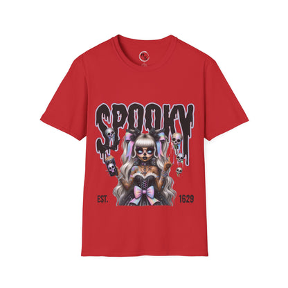 Red t-shirt with a graphic design featuring a person in a costume and 'Spooky' text on a white background.