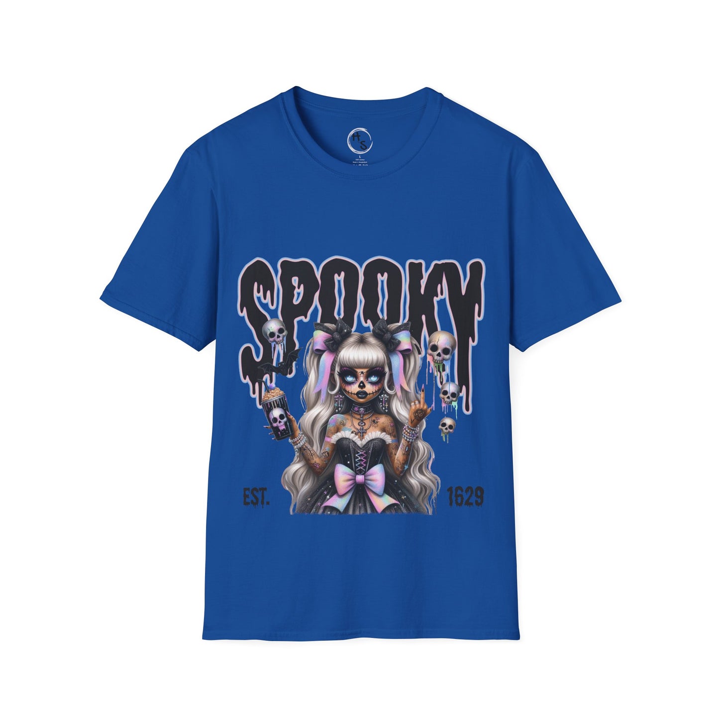 Blue t-shirt with a graphic design of a skeleton girl and 'Spooky' text on a white background