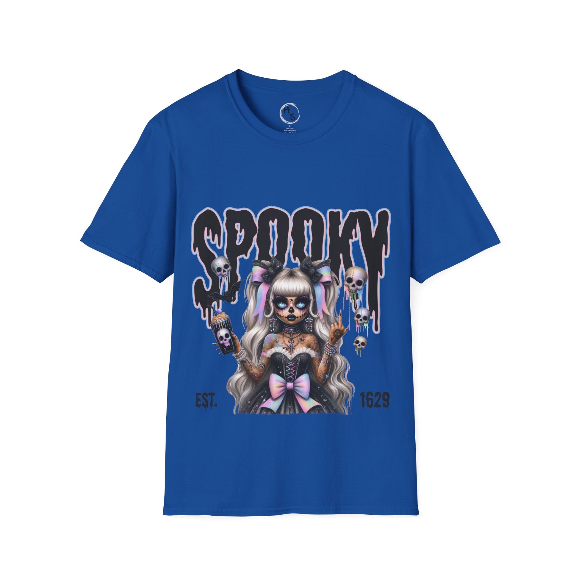 Blue t-shirt with a graphic design of a skeleton girl and 'Spooky' text on a white background
