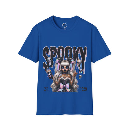 Blue t-shirt with a graphic design of a skeleton girl and 'Spooky' text on a white background