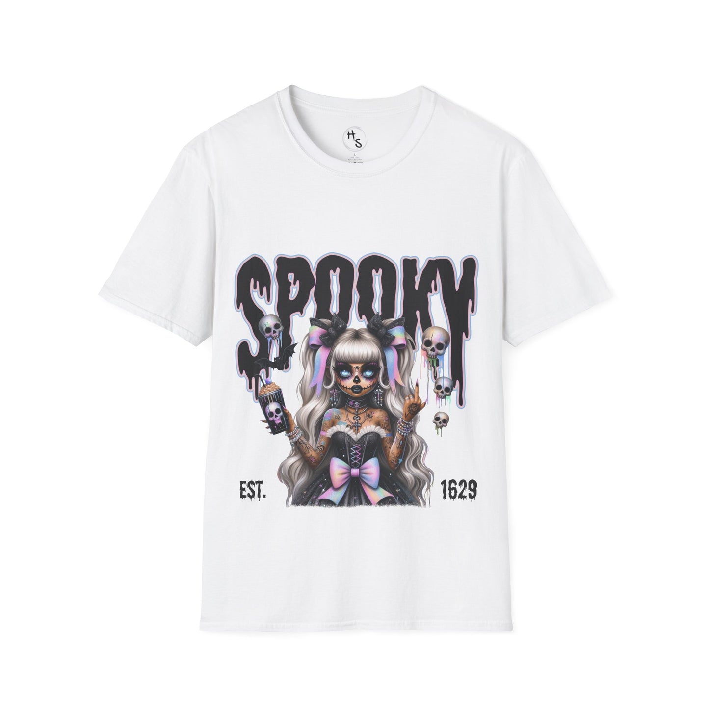 White t-shirt with a graphic design featuring a character and the word 'Spooky' on a white background.