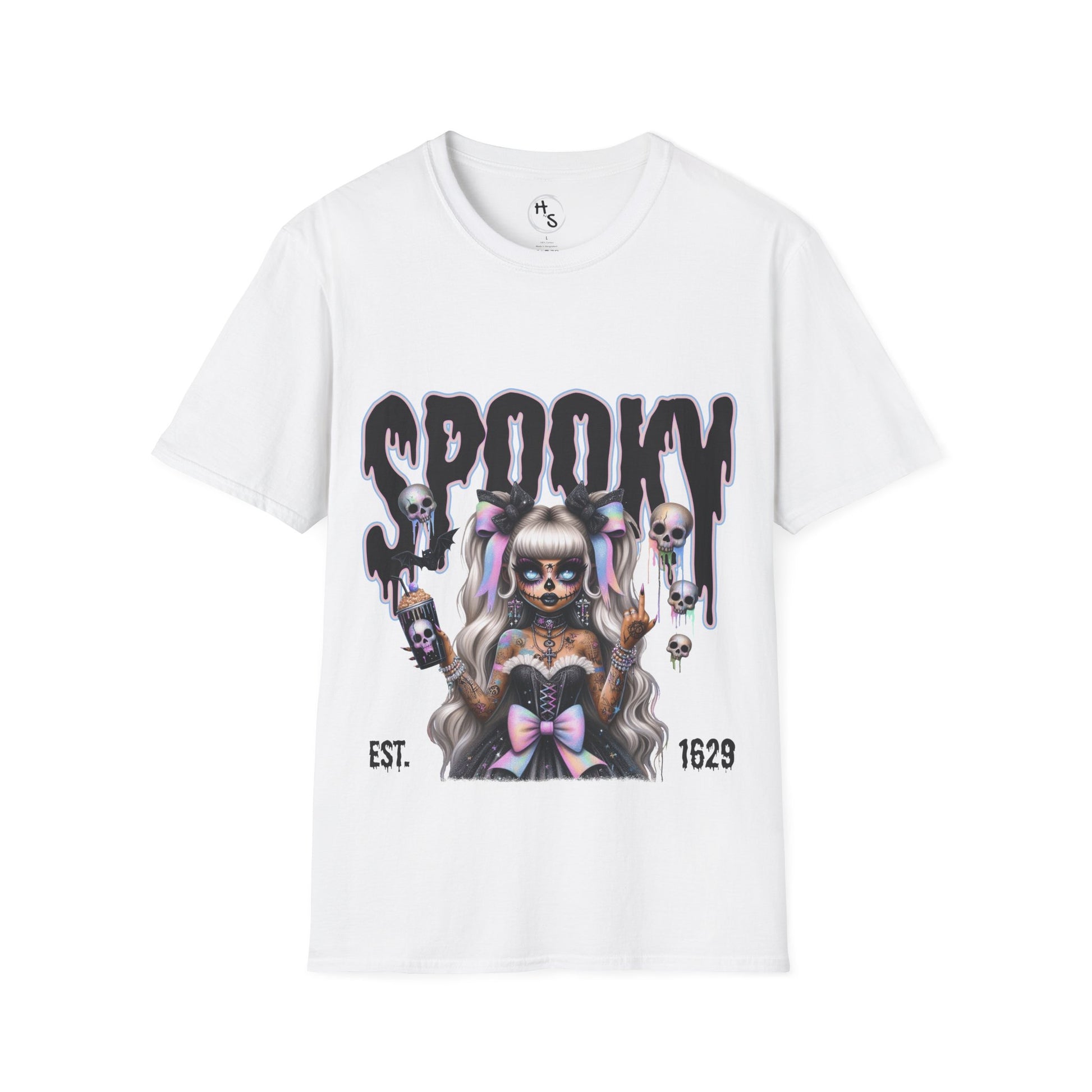 White t-shirt with a graphic design featuring a character and the word 'Spooky' on a white background.