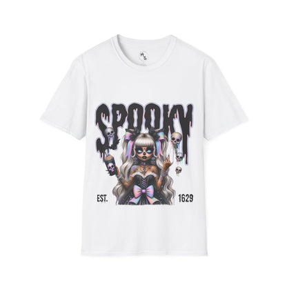 White t-shirt with a graphic design featuring a character and the word 'Spooky' on a white background.